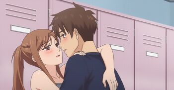 1boy 1girl animated animated_gif anime_screenshot brown_eyes brown_hair hetero implied_sex kiss long_hair non-web_source overflow_(anime) sex shirakawa_ayane sudou_kazushi