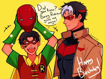 bat_signal batman_(series) batman_symbol black_bodysuit black_hair blue_eyes bodysuit brown_jacket cape dc_comics domino_mask dual_persona eye_mask gloves grey_bodysuit highres holding huyandere jacket jason_todd male_focus mask multicolored_bodysuit multicolored_hair multiple_boys muscular muscular_male open_clothes red_hood_(dc) red_hood_and_the_outlaws red_mask robin_(dc) short_hair superhero_costume taut_bodysuit two-tone_bodysuit yellow_cape