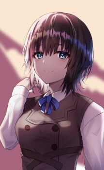 1girl aoi_erika black_hair blue_bow blue_bowtie blue_eyes bow bowtie commentary_request dande_cat heaven_burns_red highres looking_at_viewer school_uniform short_hair