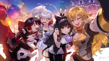 4girls ;d amusement_park animal balloon black_hair blake_belladonna blonde_hair blue_eyes breasts cape carousel closed_mouth commentary cotton_candy dog ein_lee end_card ferris_wheel food highres holding holding_animal holding_balloon holding_cotton_candy holding_dog holding_food ice_cream_cone large_breasts long_hair looking_at_another looking_at_food looking_at_viewer medium_breasts multiple_girls official_art one_eye_closed open_mouth ponytail purple_eyes red_cape red_hair red_hood ruby_rose rwby rwby_ice_queendom scar scar_across_eye scar_on_face second-party_source selfie short_hair short_shorts shorts signature smile surprised teeth tongue tongue_out v weiss_schnee welsh_corgi white_hair yang_xiao_long yellow_eyes zwei_(rwby)