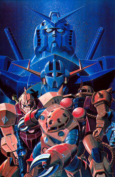 1970s_(style) 1980s_(style) army beam_cannon beam_rifle cable claws commentary_request cropped earth_federation energy_gun gelgoog gelgoog_s_char_custom gundam looking_at_viewer mecha mecha_focus mobile_armor mobile_suit mobile_suit_gundam no_humans official_art oldschool one-eyed ookawara_kunio painting_(medium) promotional_art realistic retro_artstyle robot roundel rx-78-2_gundam scan science_fiction shield traditional_media v-fin weapon z'gok z'gok_char_custom zaku zaku_ii zaku_ii_s_char_custom zeon zeong