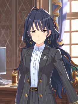 1girl absurdres artist_request belt belt_buckle black_belt black_hair black_jacket black_pants blazer blunt_bangs book bookshelf breast_pocket buckle buttons closed_mouth collared_jacket collared_shirt computer_keyboard cowboy_shot cross_pin day desk dot_nose dress_pants dress_shirt earrings expressionless eyelashes flag game_cg gold_buckle gold_earrings grey_eyes highres indoors jacket jewelry kashimoto_riko lapel_pin lapels light_blush light_frown lips long_hair long_sleeves looking_at_viewer loose_hair_strand monitor notched_lapels office official_art open_clothes open_jacket pants pinstripe_jacket pinstripe_pattern pocket shirt solo tsurime umamusume very_long_hair wavy_hair white_shirt window