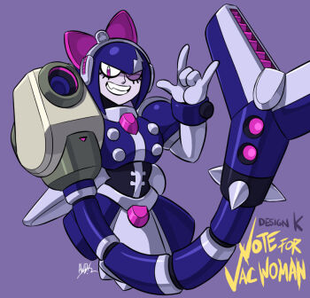 Rule 34 | 2026, arm cannon, artist name, awd!, blue skin, bow, character name, colored skin, commentary, dress, english commentary, gloves, grin, helmet, juliet sleeves, long sleeves, looking at viewer, m/, mechanical arms, mega man: dual override, mega man (classic), mega man (series), mega man robot master design contest, one eye closed, original, puffy sleeves, purple background, purple eyes, robot, robot girl, simple background, single mechanical arm, smile, upper body, vacuum cleaner, weapon, white gloves, wink