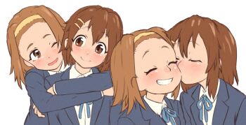 2girls beachepisode brown_eyes brown_hair closed_eyes closed_mouth commentary english_commentary grin hair_ornament hairband hairclip highres hirasawa_yui hug hug_from_behind k-on! kiss kissing_cheek long_sleeves looking_at_another multiple_girls one_eye_closed open_mouth parted_bangs parted_lips sakuragaoka_high_school_uniform school_uniform short_hair simple_background smile tainaka_ritsu teeth white_background winter_uniform yellow_hairband yuri