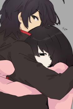 1boy 1girl absurdres ahoge araragi_koyomi black_eyes black_hair black_jacket close-up commentary dated empty_eyes from_side gakuran grey_background hair_between_eyes height_difference highres hug jacket long_sleeves looking_at_viewer looking_to_the_side monogatari_(series) narrowed_eyes oshino_ougi pale_skin pink_shirt red_trim school_uniform shirt tsugumi_(tgm_615486)