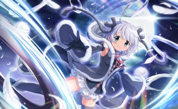1girl aqua_eyes arm_belt armpits artist_request azusa_mifuyu bare_shoulders belt belt_buckle black_belt black_boots black_coat black_dress black_gloves boots bow bowtie buckle chakram closed_mouth cloud coat coattails cross-laced_clothes cross-laced_dress detached_sleeves dot_nose dress feathers feet_out_of_frame floating_clothes floating_hair frilled_dress frills full_moon fur-trimmed_boots fur-trimmed_coat fur-trimmed_hood fur-trimmed_sleeves fur_trim game_cg glint gloves grey_bow grey_sleeves grey_thighhighs hair_bow hair_horns happy highres hood hood_down hooded_coat light_blush light_particles lips long_sleeves looking_at_viewer loose_hair_strand magia_record:_mahou_shoujo_madoka_magica_gaiden magical_girl mahou_shoujo_madoka_magica mahou_shoujo_madoka_magica_magia_exedra moon motion_lines night night_sky official_art outdoors pink_bow pink_bowtie pink_lips pom_pom_(clothes) short_dress short_hair sky sleeveless sleeveless_coat sleeves_past_wrists smile solo sparkle tareme thighhighs throwing weapon white_hair wide_sleeves