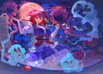 1girl boat breasts brown_sash coin coin_on_string dress flower ghost hair_bobbles hair_ornament highres holding holding_scythe large_breasts obi obidome onozuka_komachi open_mouth red_eyes red_hair rod_of_remorse sash scythe short_hair short_sleeves skirt smile solo spider_lily touhou two_side_up watercraft xingxingxing_guangguang