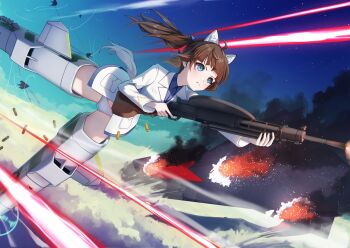 1girl absurdres animal_ears blue_eyes brave_witches brown_hair casing_ejection cat_ears cat_girl cat_tail cloud commission dp-27 firing flying georgette_lemare gun highres holding holding_gun holding_weapon jacket laser military military_uniform neuroi no_pants panties second-party_source shell_casing sky star_(sky) striker_unit tail tks_(526tks) twintails underwear weapon white_jacket white_panties world_witches_series