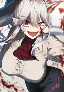 Rule 34 | 1girl, black pants, blood, blood on face, blue eyes, breasts, crazy eyes, fangs, general geega, general geega (inquisitor), grey hair, grey shirt, heterochromia, highres, indie virtual youtuber, large breasts, long hair, looking at viewer, ni kumo tsuku ni, open mouth, pants, pointy ears, ponytail, red eyes, shirt, smile, solo, virtual youtuber