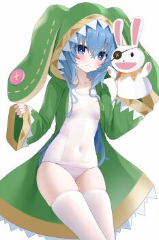 1girl absurdres animal_hood azur_lane blue_eyes blue_hair blush breasts closed_mouth coat commentary_request covered_navel date_a_live green_coat hand_puppet highres himekawa_yoshino himekawa_yoshino_(secret_base) hood long_hair looking_at_viewer official_alternate_costume one-piece_swimsuit petite puppet rabbit_hood rabbit_puppet simple_background skindentation small_breasts solo sweatdrop swimsuit thighhighs white_background white_one-piece_swimsuit white_thighhighs yoshinon zerotwenty_(020)