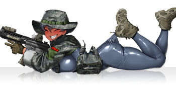 absurdres assault_rifle black_bodysuit black_hair bodysuit boots breasts brown_gloves camouflage_headwear camouflage_shrug chest_rig closed_mouth daewoo_k1 full_body gloves gun hair_between_eyes highres hitch_(perotoss) holding holding_weapon korean_text lace_pantyhose_hooked_on_heel_(meme) large_breasts laser_sight long_sleeves meme open_mouth optical_sight original pin republic_of_korea_marine_corps rifle sergeant_joo sharp_teeth short_hair shrug_(clothing) sleeves_rolled_up smile teeth vertical_foregrip weapon