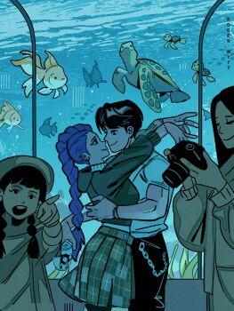 1girl 3girls absurdres aquarium arm_armor arms_around_neck artist_name black_hair black_pants braid breasts camera can couple cow drink_can earrings fish grey_hoodie hashtag-only_commentary hat hetero highres holding holding_camera holding_can hood hood_down hoodie jewelry jinu_(kpop_demon_hunters) kpop_demon_hunters long_hair medium_breasts multiple_girls pants plaid_clothes plaid_skirt purple_hair rogerwitt rumi_(kpop_demon_hunters) shirt short_hair single_braid skirt smile turtle twin_braids white_shirt