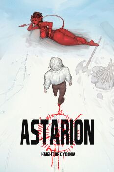 1boy 1girl absurdres akira_(manga) akira_movie_poster arm_tattoo artist_name ass astarion axe baldur's_gate baldur's_gate_3 battle_axe black_hair black_sclera blush breasts character_name colored_sclera colored_skin come_hither commentary crossed_ankles dark_nipples demon_girl demon_tail dungeons_&amp;_dragons dungeons_&amp;_dragons earrings english_commentary english_text eyebrow_piercing face_piercing full_body highres horns jewelry karlach knight_of_cydonia large_breasts lip_piercing looking_at_another lying nipples nose_blush on_side parody piercing pointy_ears red_hair red_skin scar scar_on_arm sideboob soles tail tattoo thick_thighs thighs tiefling very_long_tail walking weapon weapon_on_floor yellow_eyes