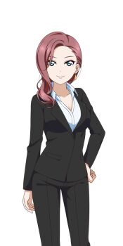 Rule 34 | 1girl, anime coloring, asymmetrical hair, black pants, black suit, blue eyes, breasts, business suit, cleavage, closed mouth, collarbone, collared shirt, commentary request, earrings, eyeshadow, feet out of frame, forehead, formal clothes, hand on own hip, jewelry, long hair, long sleeves, looking at viewer, love live!, love live! nijigasaki high school idol club, love live! school idol festival all stars, makeup, mature female, official art, pants, pink lips, red eyeshadow, shirt, solo, standing, suit, tachi-e, third-party source, transparent background, tsurime, wavy hair, white shirt, zhong lanzhu's mother