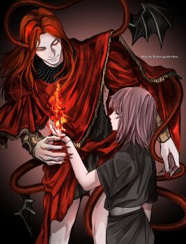 1boy 1girl affectbitter aged_down armor brown_hair chainmail colored_sclera commentary elden_ring elden_ring:_shadow_of_the_erdtree english_commentary english_text facial_tattoo fire green_sclera highres light_smile long_hair medium_hair melina_(elden_ring) messmer_the_impaler one_eye_closed ornate ornate_armor pyrokinesis red_hair red_robe red_snake robe single_bracelet single_vambrace slit_pupils smile snake snake_on_shoulder tattoo vambraces wings yellow_eyes