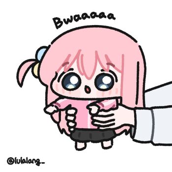 1girl black_skirt blue_eyes bocchi_the_rock! chibi commentary full_body gotoh_hitori holding holding_mini_person jacket long_hair looking_at_viewer lulalang mini_person minigirl one_side_up open_mouth out_of_frame pink_hair pink_jacket simple_background skirt solo_focus white_background