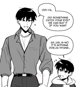 2boys absurdres areuwuu belt black_hair child collared_shirt english_text father_and_son highres holding_hands hood hood_down hoodie jacket kim_dokja looking_at_another multiple_boys omniscient_reader&#039;s_viewpoint original shirt shirt_tucked_in short_hair speech_bubble