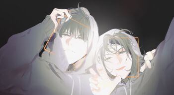 2boys :p absurdres adjusting_hood black_eyes black_hair camera_flash claw_pose grey_hoodie han_sooyoung hand_on_another&#039;s_arm highres hood hood_up hoodie kim_dokja leukocoria looking_at_viewer lp_(sangkuranak) multiple_boys omniscient_reader&#039;s_viewpoint pov recording red_pupils selfie short_hair smile taking_picture tongue tongue_out upper_body viewfinder