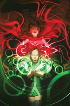 2girls brown_hair cape clenched_teeth commentary dress english_commentary green_dress green_eyes highres leotard long_hair long_sleeves looking_at_viewer magic marvel multiple_girls polaris_(x-men) red_cape red_eyes red_leotard scarlet_witch scott_forbes strapless strapless_leotard teeth wanda_maximoff