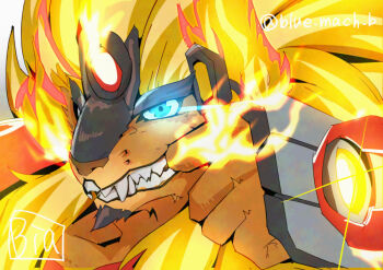 bia_(blue_mach_b) blonde_hair blue_eyes close-up digimon digimon_(creature) eye_trail fangs fire flaremon furry light_trail lion long_hair parted_lips sharp_teeth teeth