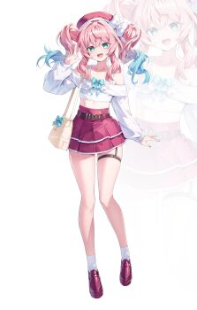 1girl absurdres aqua_eyes aqua_nails blue_hair collarbone commentary crop_top fingernails full_body gradient_hair hair_between_eyes hat highres honkai:_star_rail honkai_(series) hyacine_(honkai:_star_rail) long_fingernails long_hair long_sleeves midriff multicolored_hair nail_polish open_mouth pink_hair red_hat red_shoes red_skirt shoes simple_background skirt socks thigh_strap twintails ugwa white_background white_socks zoom_layer