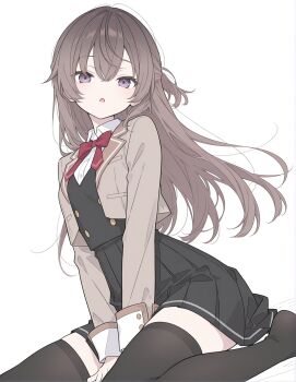 1girl black_skirt black_thighhighs black_vest breasts brown_hair brown_jacket commentary hair_between_eyes highres jacket long_hair medium_breasts purple_eyes red_ribbon ribbon shirt simple_background skirt solo suou_yuki thighhighs thighs tokidoki_bosotto_roshia-go_de_dereru_tonari_no_alya-san vest white_background white_shirt yukinanaa1art