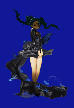 Rule 34 | 1girl, above-cleavage cutout, absurdres, animal print, bare legs, black dress, black hair, blue background, blue butterfly, blue eyes, braid, braided twintails, bug, butterfly, butterfly in eye, butterfly print, clothing cutout, commentary, dated, dress, expressionless, eyelashes, floating clothes, floating hair, forehead, full body, goth fashion, hatsune miku, highres, holding own dress, insect, knees, long hair, long sleeves, looking at viewer, parted lips, print dress, pudding (puddingpuddinh), puffy long sleeves, puffy sleeves, short dress, signature, simple background, solo, standing, thighs, train (clothing), turtleneck, turtleneck dress, untranslatable commentary, vocaloid