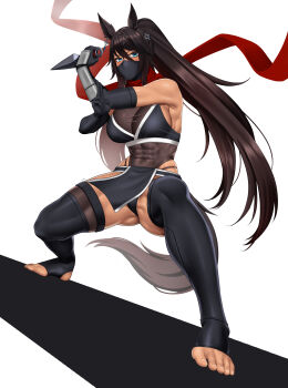 1girl absurdres alternate_costume animal_ears bare_shoulders black_gloves black_mask black_thighhighs blue_eyes bodystocking breasts brown_hair commentary covered_abs covered_mouth covered_navel crop_top dark-skinned_female dark_skin ear_ornament earrings elbow_gloves full_body gloves hair_between_eyes highres holding holding_kunai holding_weapon horse_ears horse_girl horse_tail jewelry kuji-in kunai large_breasts long_hair looking_at_viewer mask mouth_mask muscular muscular_female ninja ninja_mask pelvic_curtain ponytail red_scarf scarf see-through_cleavage see-through_clothes sidelocks single_earring solo split_ponytail standing stirrup_legwear stmoon symboli_kris_s_(umamusume) tail thighhighs toeless_legwear umamusume vambraces weapon
