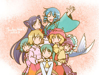 6+girls :d aki_minoriko aki_shizuha animal_ears apron aqua_kimono arm_up ascot blonde_hair blue_hair blush closed_eyes closed_mouth commentary_request daiyousei dated dog_ears dot_mouth dress drill_hair feet_out_of_frame fins grape_hat_ornament green_eyes green_hair grey_hair hair_ornament hair_ribbon hand_on_another&#039;s_shoulder hat head_fins imaizumi_kagerou japanese_clothes kasodani_kyouko kimono leaf_hair_ornament long_hair long_sleeves medium_hair mermaid monster_girl multiple_girls mystia_lorelei open_mouth orange_background outstretched_hand pink_dress pink_hair pink_hat pink_shirt pointy_ears rangycrow red_apron red_eyes red_hat red_skirt ribbon shirt short_hair short_sleeves side_ponytail skirt smile touhou twin_drills wakasagihime waving white_shirt wing_hat_ornament wolf_ears wolf_girl yellow_ascot yellow_dress yellow_ribbon
