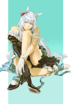 Rule 34 | 1girl, absurdres, animal ears, asymmetrical gloves, asymmetrical legwear, asymmetrical sleeves, bare legs, bare shoulders, black dress, black gloves, blue background, blue hair, braid, closed mouth, crown braid, dress, ear ornament, frilled dress, frills, gloves, highres, holding, holding shoes, holding unworn clothes, horse ears, horse girl, horse tail, horseshoe, knee up, legs, long hair, mejiro ardan (clinochlore line) (umamusume), mejiro ardan (umamusume), no shoes, on ground, purple eyes, ruukii drift, shoes, simple background, single sleeve, smile, socks, solo, tail, two-tone background, umamusume, unworn shoes, very long hair, white background, white gloves, white socks