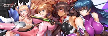 4girls artist_request black_leotard blonde_hair blush breasts dark-skinned_female dark_skin fingerless_gloves gloves gun highleg highleg_leotard highres hime_cut holding holding_gun holding_weapon huge_breasts igawa_asagi kicking koukawa_asuka leotard lilith-soft logo long_hair mizuki_yukikaze multiple_girls official_art onizaki_kirara open_mouth revealing_clothes shiny_skin small_breasts taimanin_(series) taimanin_rpgx taimanin_squad taimanin_suit thong_leotard twintails two_side_up weapon wide_hips