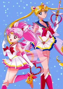 2girls bishoujo_senshi_sailor_moon bishoujo_senshi_sailor_moon_supers blonde_hair blue_background blue_eyes blue_sailor_collar bow brooch chibi_usa choker cone_hair_bun crisis_moon_compact crystal_carillon double_bun elbow_gloves gloves hair_bun hair_ornament heart heart_brooch heart_choker highres jewelry kaleidomoon_scope long_hair looking_at_viewer morishita_(moricuremori) multicolored_skirt multiple_girls open_mouth pink_hair pink_sailor_collar red_bow sailor_chibi_moon sailor_collar sailor_moon skirt smile super_sailor_chibi_moon super_sailor_moon tsukino_usagi twintails white_gloves