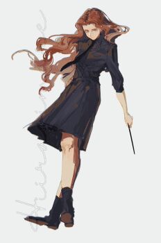 Rule 34 | 1girl, black boots, black necktie, black shirt, black skirt, blue eyes, boots, collared shirt, commentary, english commentary, floating hair, full body, gynger edventray (hiiragimare), highres, hiiragimare, hogwarts legacy, holding, holding wand, long hair, necktie, original, red hair, shirt, simple background, skirt, solo, wand, watermark, white background, wizarding world