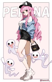 1girl :p absurdres alternate_costume artist_name bag baseball_cap black_bag black_skirt blue_jacket blunt_bangs breasts character_name commentary_request drill_hair eyelashes ghost hat highres holding holding_bag jacket kasumi_6 large_breasts long_hair one_piece open_clothes open_jacket pencil_skirt perona pink_background pink_hair shirt shoes sidelocks skirt standing tongue tongue_out twitter_username very_long_hair white_shirt white_shoes