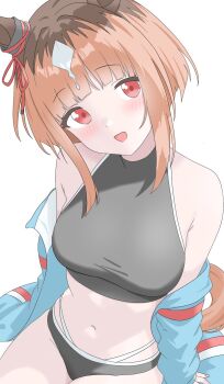 1girl animal_ears bare_shoulders bikini black_bikini blue_jacket blush bow breasts brown_hair ear_ornament ear_ribbon highres horse_ears horse_girl horse_tail jacket kurama_(jpjvn42ej6tug5n) large_breasts long_sleeves looking_at_viewer multicolored_hair navel open_clothes open_jacket open_mouth orange_hair red_eyes short_hair simple_background smile solo stomach swimsuit tail transcend_(umamusume) umamusume white_background