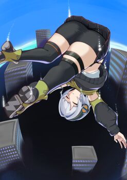 1girl absurdres anby_demara ass bike_shorts black_shorts black_skirt black_thighhighs closed_eyes commentary_request grey_hair gulacossa_222 highres long_sleeves midriff miniskirt partial_commentary shoes short_hair short_shorts shorts shorts_under_skirt skirt solo thigh_strap thighhighs thighs zenless_zone_zero