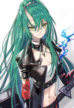 Rule 34 | 1girl, arknights, bandaged chest, blue fire, breasts, chest sarashi, cleavage, closed mouth, commentary, cowboy shot, fire, green hair, hair between eyes, hand on hilt, horns, hoshiguma (arknights), hoshiguma the breacher (arknights), long hair, looking at viewer, migita, navel, ponytail, sarashi, single horn, skin-covered horns, solo, standing, very long hair, white background, yellow eyes