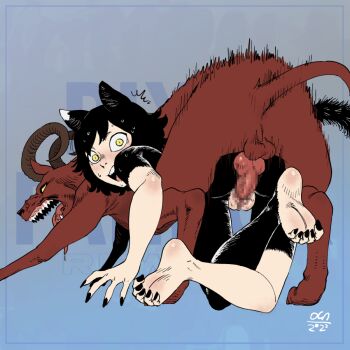 1girl ^^^ all_fours animal_ears animal_penis ass barefoot bestiality black_fur black_nails black_sclera blush body_fur cat_ears cat_girl censored colored_sclera constricted_pupils curled_horns dog doggystyle dungeon_meshi elbow_blush embarrassed feet foot_blush full_body horns izutsumi knotted_penis legs long_tongue looking_at_viewer looking_back m_legs mismatched_animal_ear_colors mosaic_censoring nervous_sweating oca-world open_mouth penis scared sex sex_from_behind sharp_teeth short_hair simple_background soles spread_legs surprised sweat sweatdrop tail teeth toes tongue upper_teeth_only vaginal wide-eyed yellow_eyes zoophilia