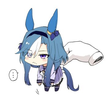 ... 1girl admire_groove_(umamusume) animal_ears blue_hair bow chibi commentary_request ear_bow ear_covers highres hitode_(ziburi) horse_ears horse_girl horse_tail medium_hair multicolored_hair picking_up purple_eyes school_uniform speech_bubble spoken_ellipsis tail tracen_school_uniform umamusume white_hair