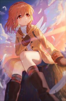 Rule 34 | 1girl, absurdres, angel wings, argyle clothes, argyle socks, arm at side, black boots, blue shorts, blush, boots, brown hair, brown mittens, cloud, coat, commentary request, crying, crying with eyes open, doll, dutch angle, eyelashes, eyes visible through hair, fake wings, falling feathers, feathers, feet out of frame, film grain, floating hair, flowingcrescent, from below, hair between eyes, hairband, hand up, highres, holding, holding doll, kanon, looking ahead, medium hair, mittens, open clothes, open coat, open mouth, outdoors, red eyes, red hairband, ribbed sweater, sad, shorts, sitting, socks, solo, sunset, sweater, tears, tsukimiya ayu, turtleneck, turtleneck sweater, white feathers, white sweater, wind, wings, winter, yellow coat