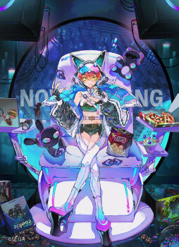 1girl absurdres bag_of_chips boots character_request chunithm commentary_request computer cookie crossed_legs fingerless_gloves food gloves headgear highres jacket laptop looking_at_viewer mura_karuki official_art open_clothes open_jacket pizza platform_boots red_hair short_shorts shorts sitting snack solo sticker stuffed_animal stuffed_toy teddy_bear yellow_eyes