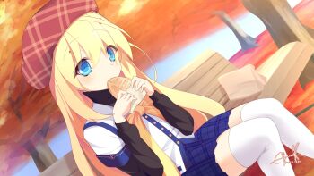 Rule 34 | 1girl, 2020, autumn, bench, beret, blonde hair, blue eyes, blue skirt, buttons, clover days, commentary request, dated, day, dutch angle, eating, eijunesound, eyes visible through hair, feet out of frame, food, hair between eyes, hands up, hat, highres, holding, holding food, layered sleeves, light blush, long hair, long sleeves, looking at viewer, miniskirt, on bench, outdoors, park, park bench, plaid clothes, plaid hat, plaid skirt, pleated skirt, red hat, school uniform, shirt, short over long sleeves, short sleeves, sidelocks, signature, sitting, skirt, solo, straight hair, taiyaki, takakura anzu, thighhighs, tree, very long hair, wagashi, white shirt, white thighhighs, zettai ryouiki