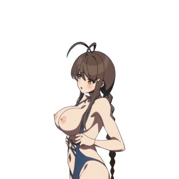 Rule 34 | 1girl, ahoge, bikini, blush, braid, braided ponytail, breasts, breasts out, brown eyes, brown hair, clothes pull, flustered, from side, highres, large breasts, legs, long hair, navel, nipples, nukigee mitai na shima ni sunderu watashi wa dou surya ii desu ka?, one-piece swimsuit, one-piece swimsuit pull, open mouth, presenting, pulling own clothes, sideboob, solo, swimsuit, tadasugawa rei, thighs, tongue, very long hair