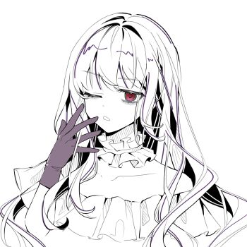 1girl artist_request bags_under_eyes chinese_commentary commentary_request commission dress gloves greyscale hand_up highres long_hair looking_at_viewer monochrome one_eye_closed parted_lips purple_eyes purple_gloves second-party_source solo spot_color tensei_oujo_to_tensai_reijou_no_mahou_kakumei tilty_claret