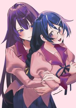 Rule 34 | 2girls, absurdres, bakemonogatari, black hair, blue skirt, blush, braid, commentary, cup, hair between eyes, hanekawa tsubasa, highres, hug, hug from behind, katagiri yuuhi (paulowniayuuhi), long hair, looking at another, monogatari (series), multiple girls, naoetsu high school uniform, open mouth, pink shirt, puffy sleeves, purple eyes, purple hair, school uniform, senjougahara hitagi, shirt, skirt, smile, twin braids, yuri