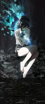 1girl absurdres bare_arms bare_legs barefoot black_choker black_hair black_ribbon black_shorts broken_glass chainsaw_man choker closed_eyes commentary_request crossed_arms full_body glass haimaotuanzi hair_between_eyes highres long_hair_between_eyes neck_ribbon reze_(chainsaw_man) ribbon shirt shirt_tucked_in short_shorts shorts side_slit side_slit_shorts sitting sleeveless sleeveless_shirt solo toes white_shirt