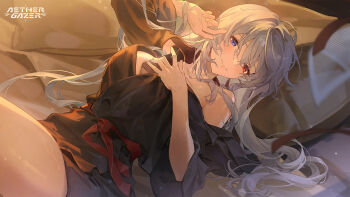 1girl aether_gazer artist_request between_breasts blue_eyes breasts character_request closed_mouth copyright_name grey_hair heterochromia highres long_hair lying official_art on_back pillow red_eyes second-party_source wet wet_hair