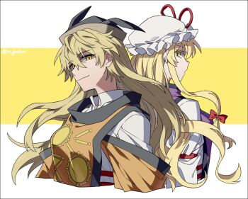 2girls black_hat blonde_hair bow breasts closed_mouth commentary_request constellation_print detached_sleeves dress hair_between_eyes hair_bow hat hat_ribbon long_hair looking_at_viewer matara_okina medium_breasts mob_cap multiple_girls orange_tabard purple_tabard re_ghotion red_bow red_ribbon ribbon shaded_face smile tabard touhou twitter_username upper_body very_long_hair white_dress white_hat yakumo_yukari yellow_eyes