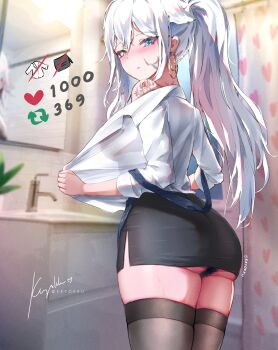 1girl absurdres artist_name ass_peek bathroom black_panties black_skirt black_thighhighs blue_eyes blush breasts closed_mouth commentary cowboy_shot double-parted_bangs earrings english_commentary flower_tattoo from_behind hair_between_eyes heterochromia highres hoop_earrings indie_virtual_youtuber indoors jewelry keyokku keyokku_(vtuber) long_hair looking_at_viewer looking_back miniskirt office_lady panties pencil_skirt ponytail shoulder_tattoo side_slit signature skirt solo standing tattoo thick_thighs thighhighs thighs twitter_strip_game underwear undressing virtual_youtuber white_hair yellow_eyes