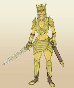 1girl armor armored_boots black_sclera boobplate boots breastplate breasts cheloveknomer99 clawed_gauntlets cleavage_cutout clothing_cutout colored_pencil_(medium) colored_sclera commentary crop_top english_commentary full_body gold_armor gold_skin golden_saint_(aureal) gradient_background helmet holding holding_sword holding_weapon knee_boots long_hair looking_to_the_side midriff miniskirt revealing_clothes scabbard scale_armor sheath shoulder_armor skirt slit_pupils solo standing sword the_elder_scrolls the_elder_scrolls_iv:_oblivion thighs traditional_media weapon white_background white_hair winged_helmet yellow_background yellow_eyes